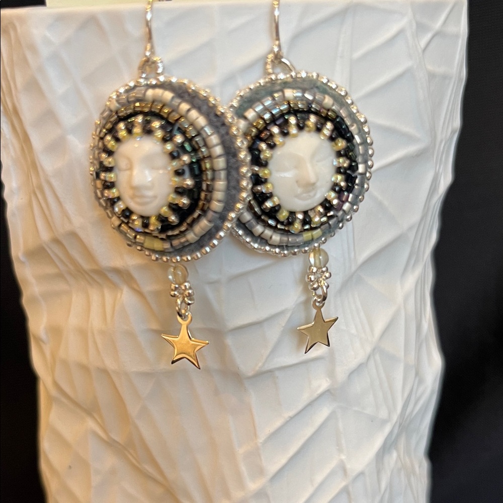 Silver and White Moon Face Beaded Drop Earrings with SS Star Charm